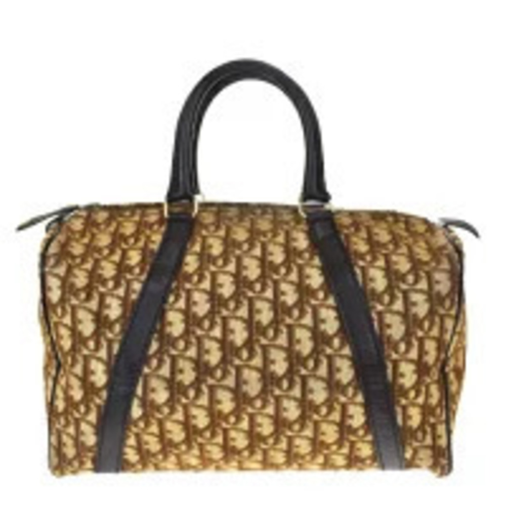 Christian Dior Trotter Handbag Boston Brown Canvas Leather